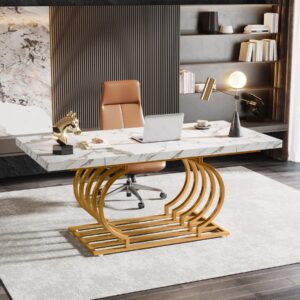 tribesigns 63" modern office desk, white and gold executive desk, large computer desk home office desk with gold metal frame, wood workstation study writing desk