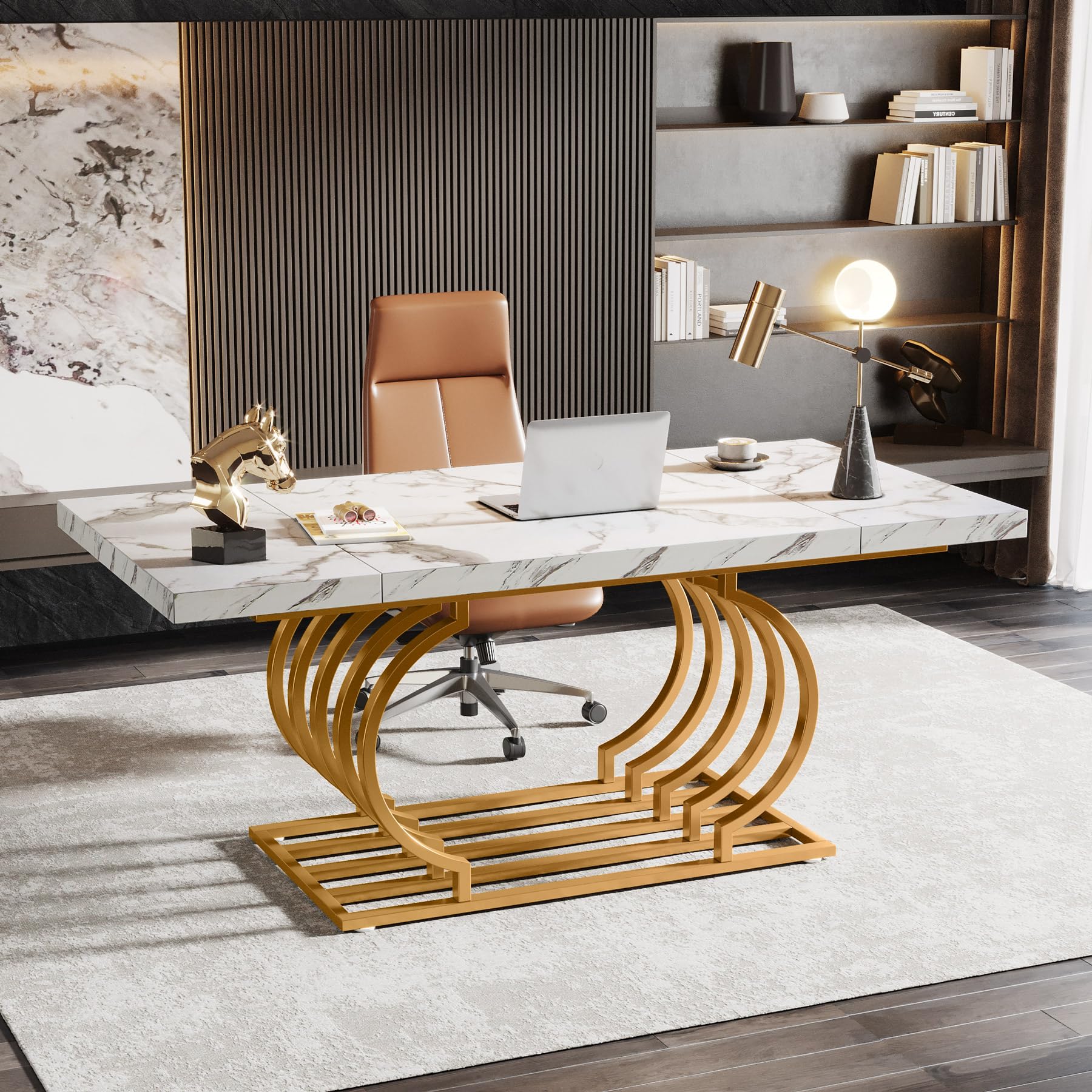 Tribesigns 63" Modern Office Desk, White and Gold Executive Desk, Large Computer Desk Home Office Desk with Gold Metal Frame, Wood Workstation Study Writing Desk