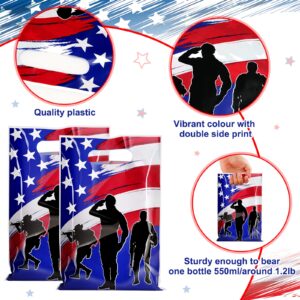 MASHAN 50pcs Veterans Day Gift Bags, Plastic Goodies Treat Bags with American Flag Patriotic Soldier for Independence Day Veterans Day and Army Party Decorations