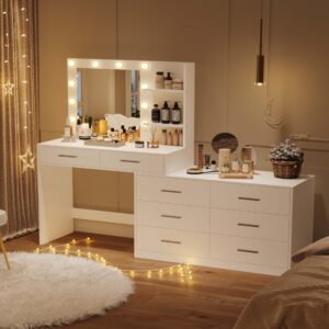 Rovaurx 65" Vanity Desk with Lighted Mirror and Lights, 8 Drawers Makeup Vanity Table with Storage Shelf, Modern Dresser with Mirror, Dressing Table for Bedroom, Adjustable Width, White RSZT109W