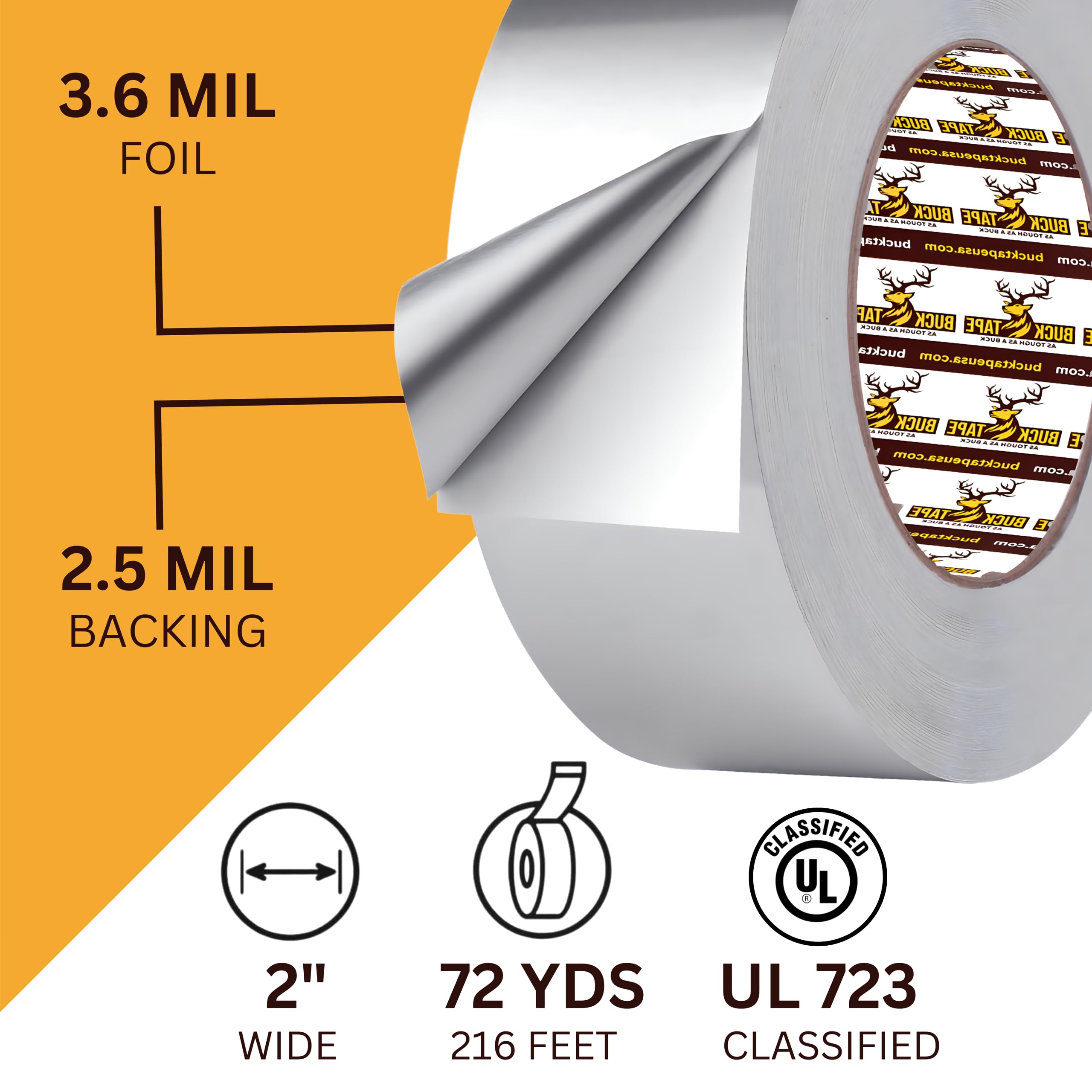 Buck Professional Grade Aluminum Foil Tape - 2 Inch x 216ft (72 yd) 3.6 Mil - Ideal for HVAC, Metal Repair & Insulation - Heat Resistant & Waterproof - Perfect for Sealing Ductwork & Vents