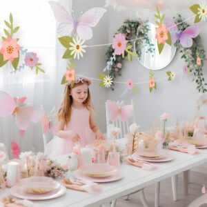 Cheerland 16ft Floral Garland Fairy Theme Hanging Decorations Woodland Paper Banner Garden Garlands Spring Enchanted Kids Birthday Fairies Themed Wall Decor Pink Baby Shower Party Favors