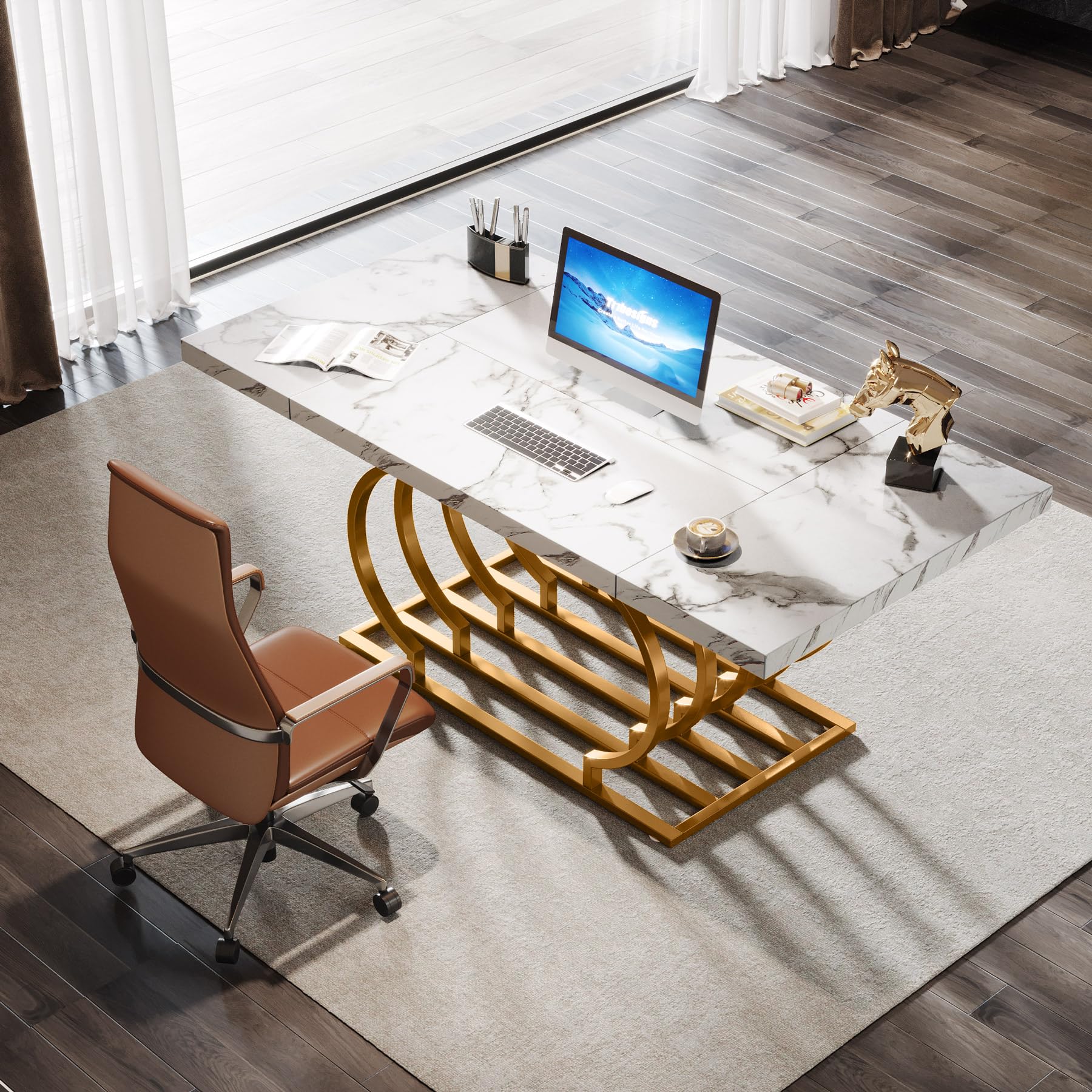 Tribesigns 63" Modern Office Desk, White and Gold Executive Desk, Large Computer Desk Home Office Desk with Gold Metal Frame, Wood Workstation Study Writing Desk