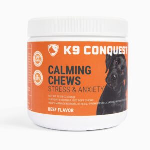 k9 conquest calming chews for dogs - anxiety relief & stress reducer with organic hemp, chamomile, valerian root, l-tryptophan, ginger root & melatonin - anxiety and stress calming treats for dogs