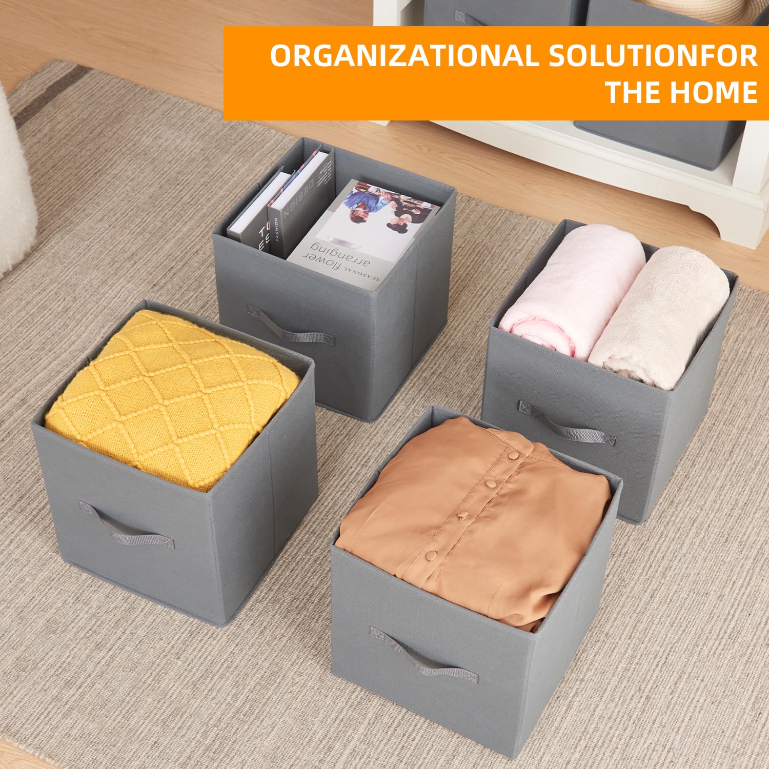 Somdot Fabric Storage Bins with Handle, 10.6 Inch Collapsible Storage Cubes, Foldable Organization Baskets for Closet Shelves Offices Toys, Set of 6 - Gray