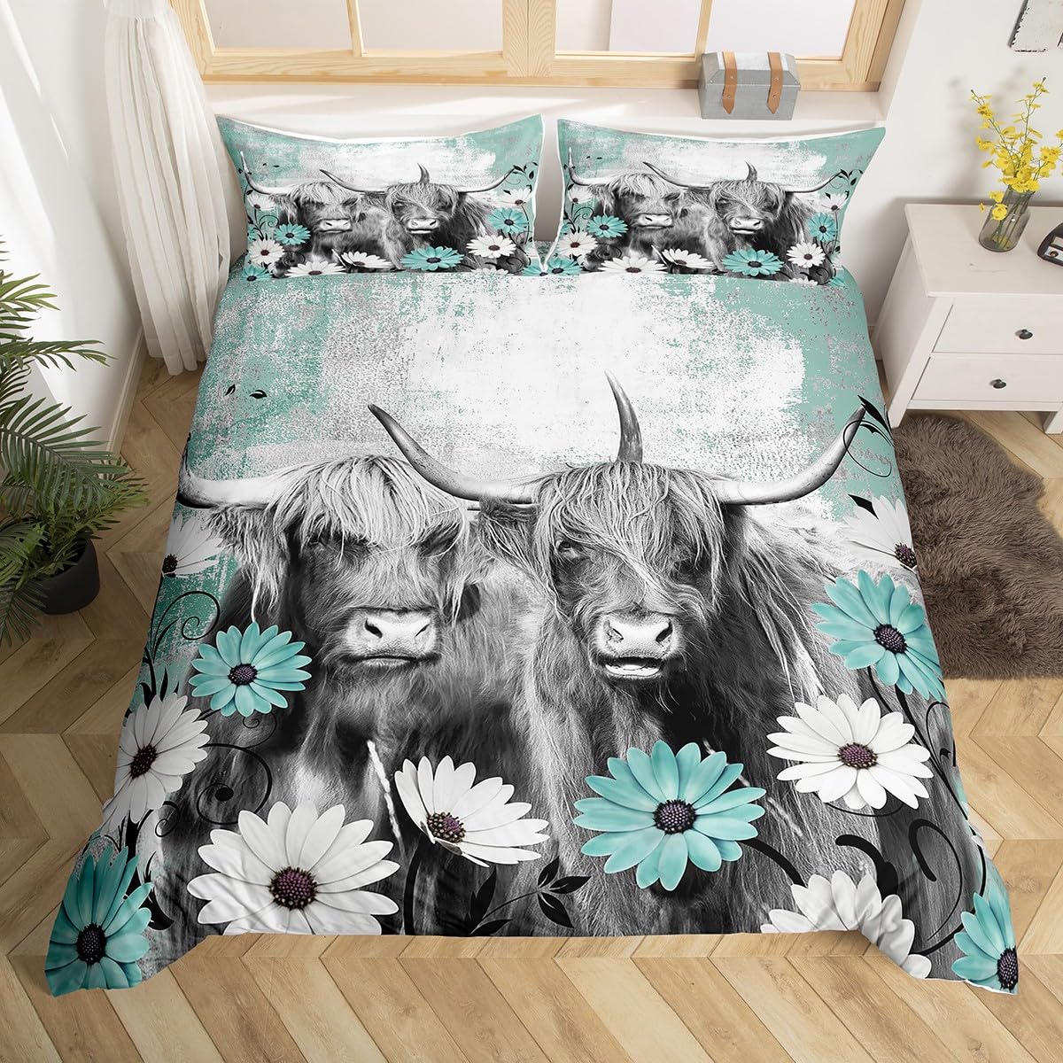 Highland Cow Print Duvet Cover Cowgirl Gifts for Women Girls, Western Farmhouse Bedding Set Queen Cattle Farm Animal Comforter Cover, Rustic Flowers Daisy Quilt Cover, Teal Graffiti Room Decor