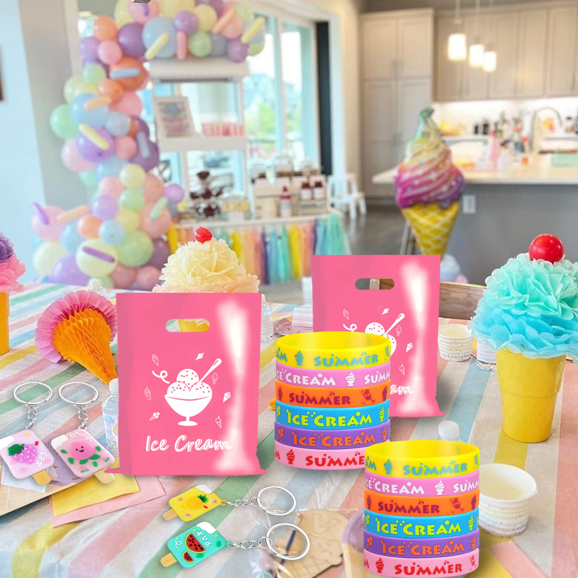 110 PCS Ice Cream Party Favors Cute Ice Cream Necklace Goodie Bags with Keychains, Stickers, Rubber Bracelets, Button Pins and Bags for Summer Themed Birthday Party Baby Shower