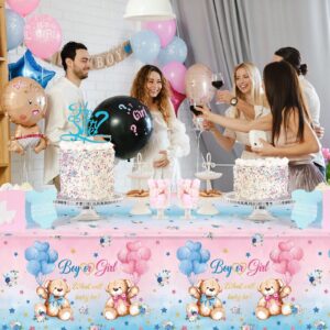 Capoda 3 Pcs Bear Baby Shower Tablecloths Bear Gender Reveal Table Covers Rectangle Plastic Bear Table Cloths for Bear Baby Shower Gender Reveal Party Decorations, 54 x 108 Inch, Blue Pink