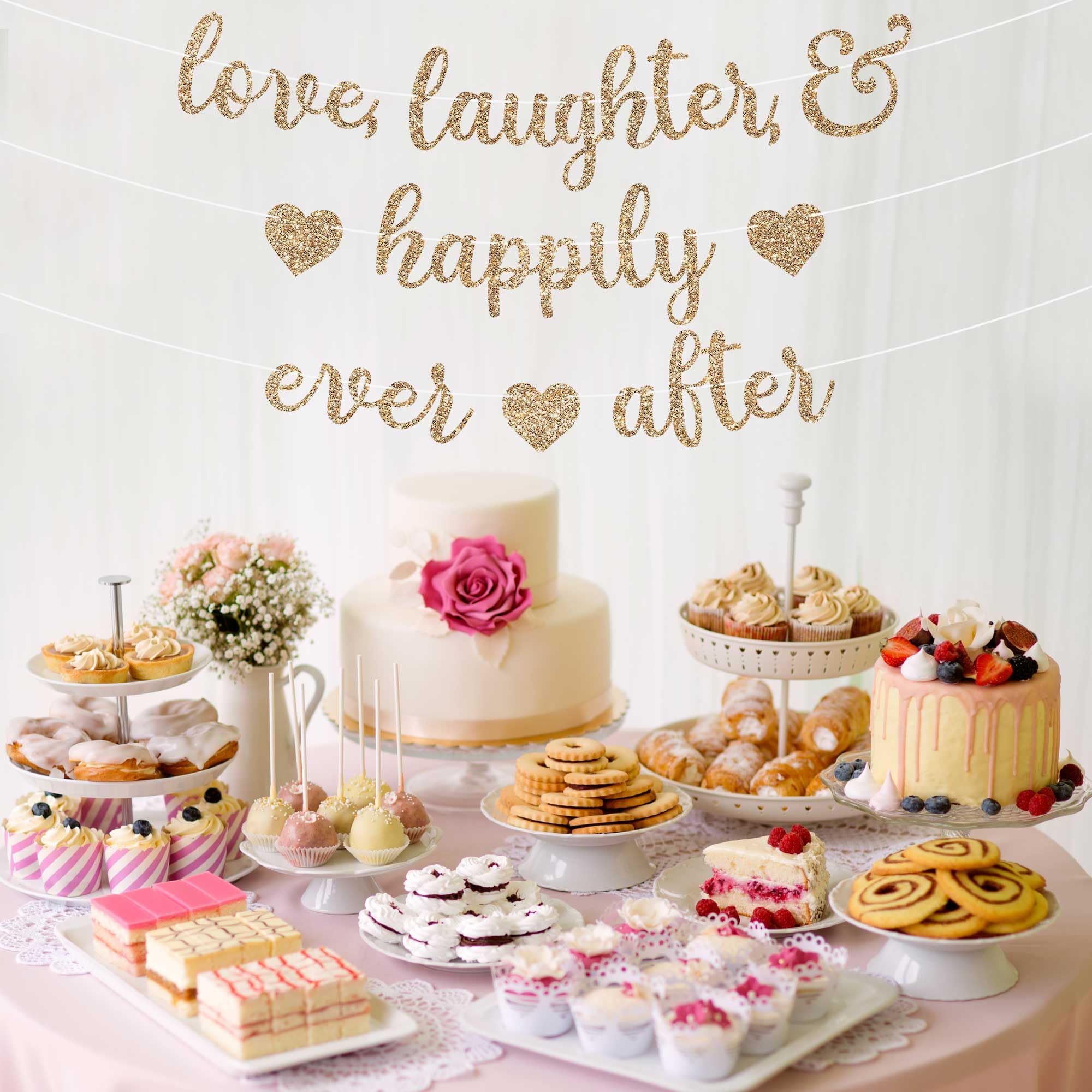 Pre-Strung Love Laughter & Happily Ever After Banner - NO DIY - Gold Glitter Bachelorette Wedding Bridal Party Banner - Pre-Strung Garland on 8 ft Strand - Gold Bachelorette Bridal Engagement Party