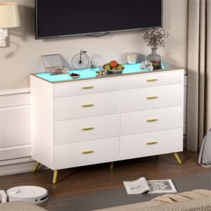 PAKASEPT White Dresser with LED Lights for Bedroom,8 Drawer Dressers with Tempered Glass Top,Chests of Drawers with 2 Grid Drawer,Storage Organizer Dresser for Hallway,Living Room