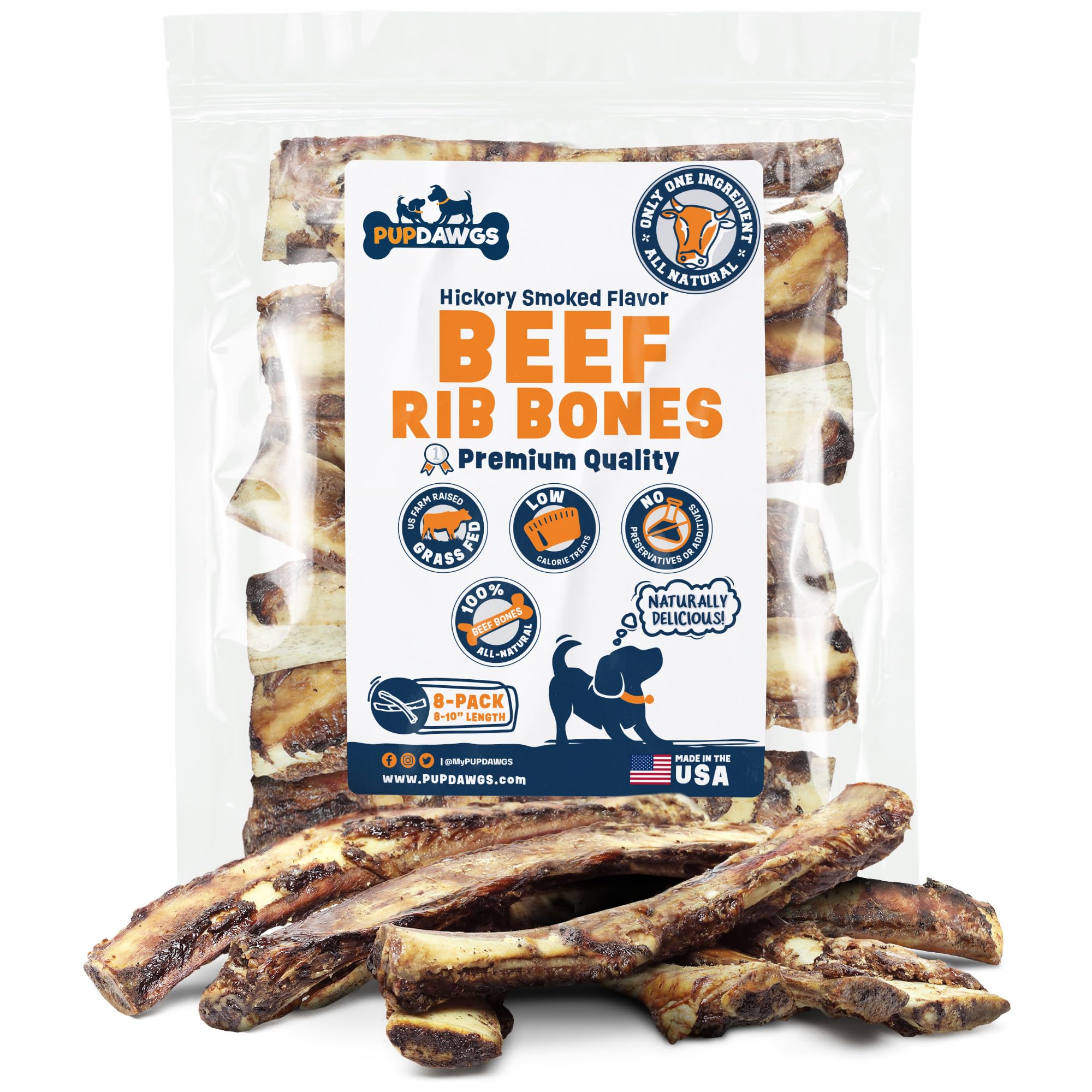 PUPDAWGS Single Ingredient Dog Bones - Made in USA – 8-10” Beef Rib Bones - Natural Dog Bones for Aggressive Chewers - from USDA Inspected Beef - Hickory Smoked - Individually Wrapped (8 Piece Pack)