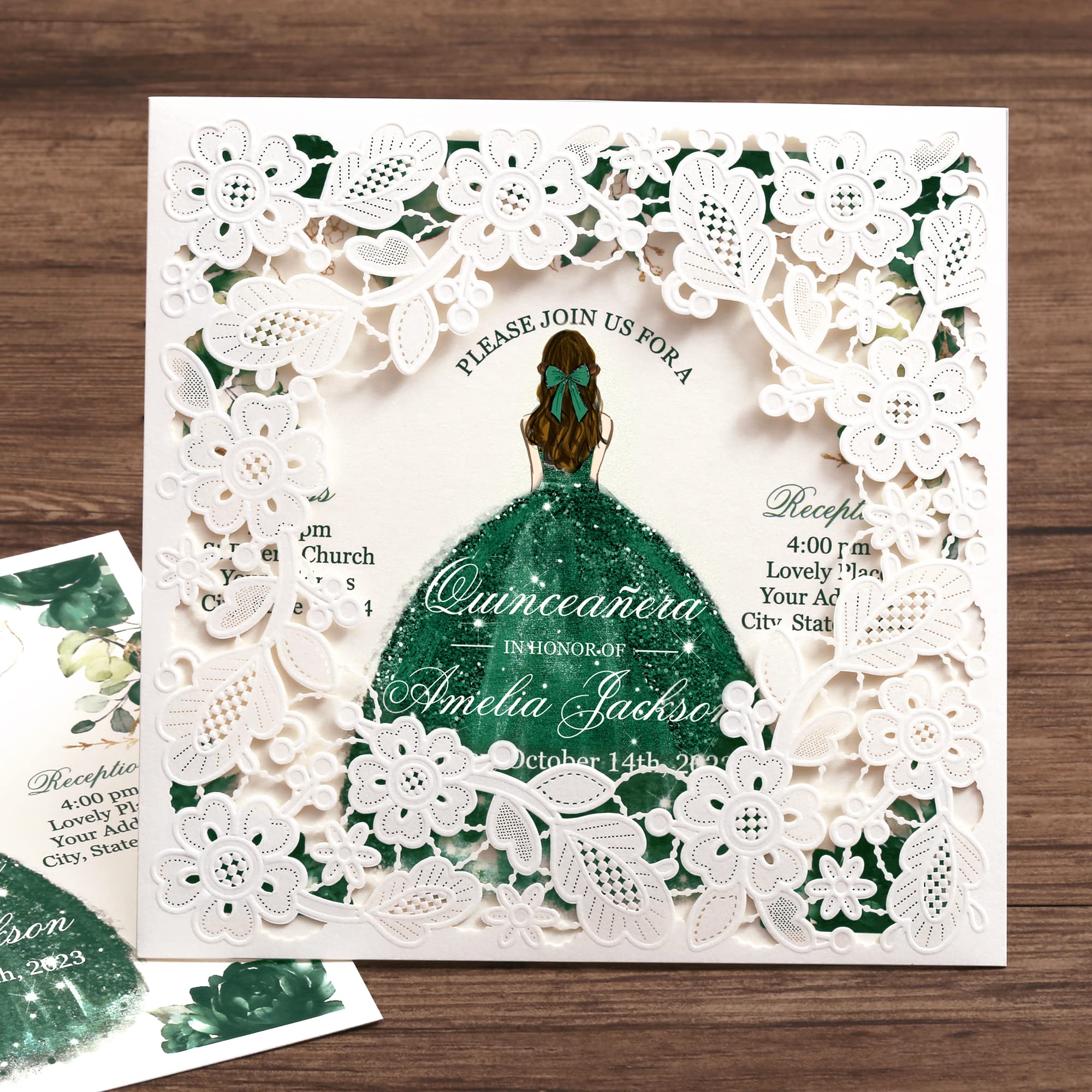 FANEYA 50Pcs Customized Quinceanera Invitation Emerald Green, Elegant 15 years Invitations Sweet 16, Miss XV, Birthday Laser Cut Quince Invitation Cards White Personalized