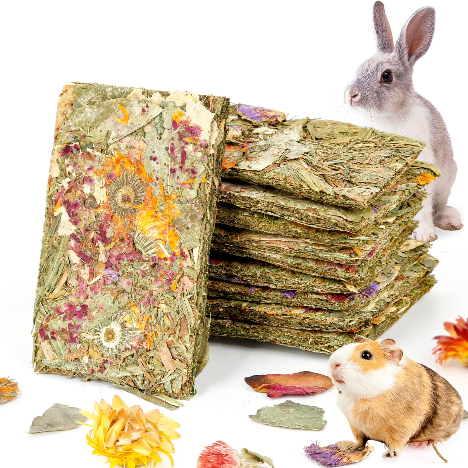 Abizoo Rabbit Natural Treats,10Pcs Timothy Hay Toys Chips Bunny chew Toys with Herbal Flowers Guinea Pig Treats for Hamster Chinchillas Gerbils Rats Small Animals Teeth Care Crisp Snacks