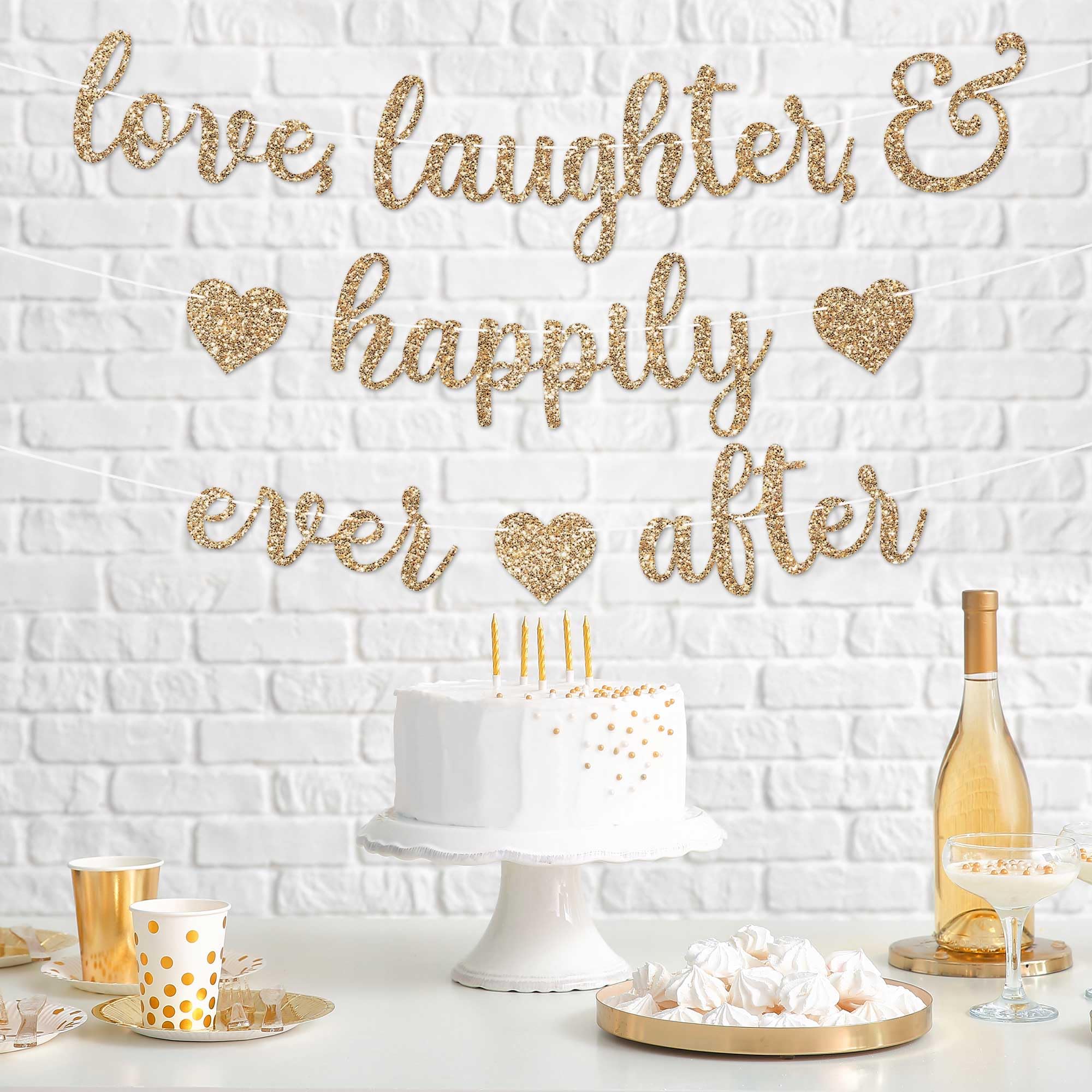 Pre-Strung Love Laughter & Happily Ever After Banner - NO DIY - Gold Glitter Bachelorette Wedding Bridal Party Banner - Pre-Strung Garland on 8 ft Strand - Gold Bachelorette Bridal Engagement Party