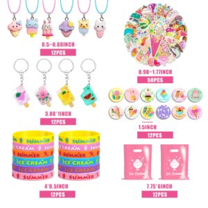 110 PCS Ice Cream Party Favors Cute Ice Cream Necklace Goodie Bags with Keychains, Stickers, Rubber Bracelets, Button Pins and Bags for Summer Themed Birthday Party Baby Shower