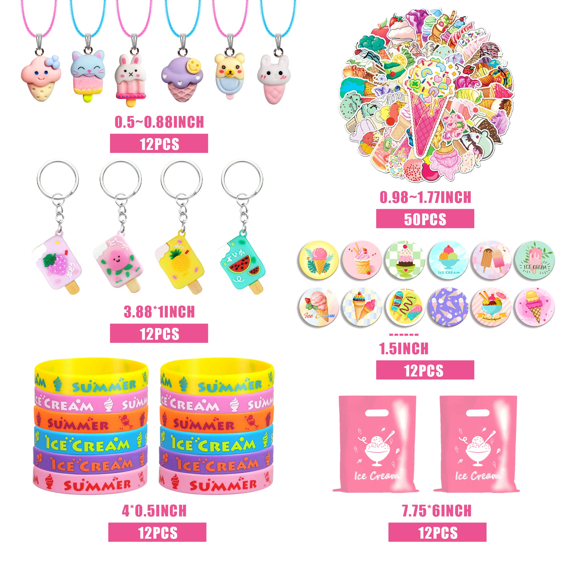 110 PCS Ice Cream Party Favors Cute Ice Cream Necklace Goodie Bags with Keychains, Stickers, Rubber Bracelets, Button Pins and Bags for Summer Themed Birthday Party Baby Shower