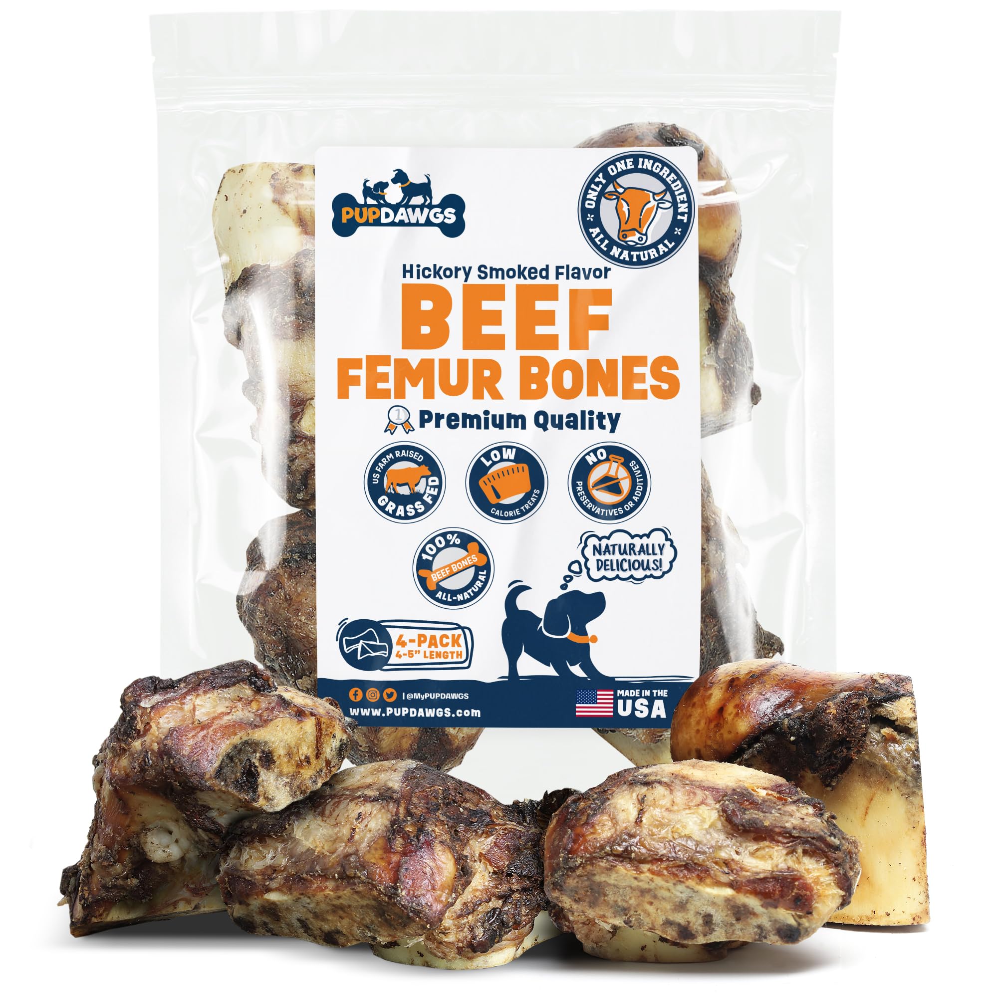 PUPDAWGS Single Ingredient Dog Bones - Made in USA - Beef Femur Bones - Natural Dog Bones for Aggressive Chewers - from USDA Inspected Beef - Hickory Smoked - Individually Wrapped (4 Piece Pack)