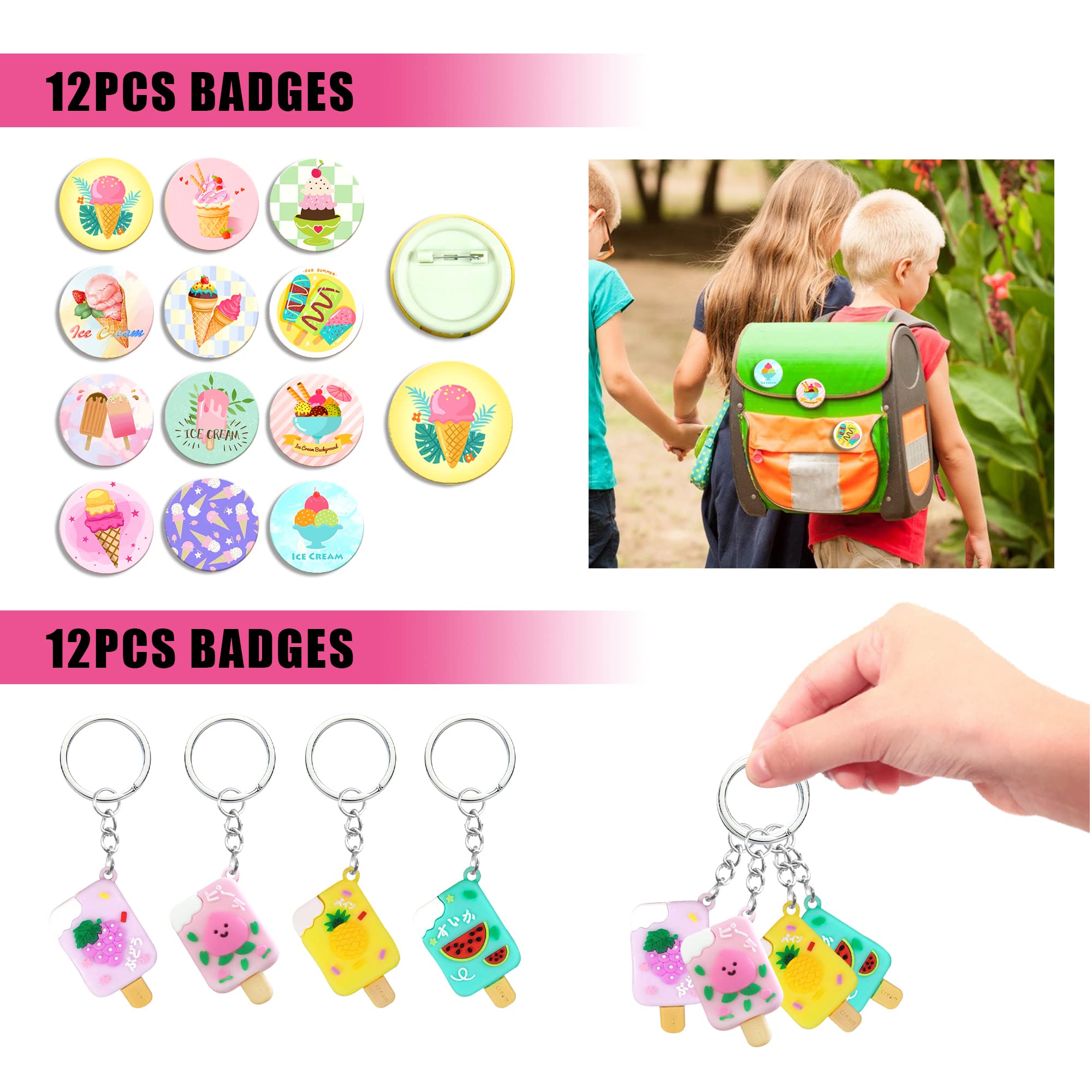 110 PCS Ice Cream Party Favors Cute Ice Cream Necklace Goodie Bags with Keychains, Stickers, Rubber Bracelets, Button Pins and Bags for Summer Themed Birthday Party Baby Shower