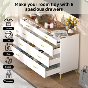 PAKASEPT White Dresser with LED Lights for Bedroom,8 Drawer Dressers with Tempered Glass Top,Chests of Drawers with 2 Grid Drawer,Storage Organizer Dresser for Hallway,Living Room