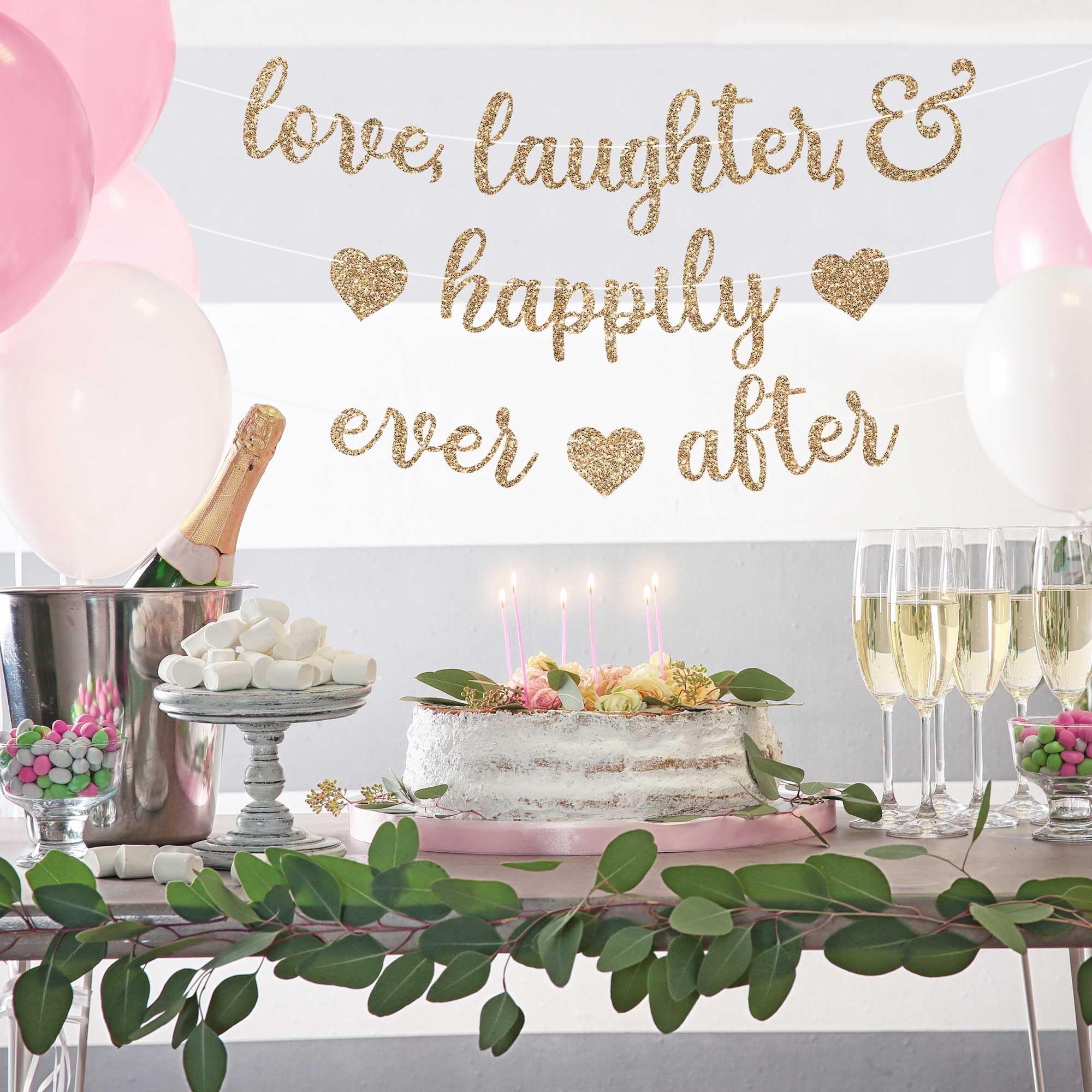 Pre-Strung Love Laughter & Happily Ever After Banner - NO DIY - Gold Glitter Bachelorette Wedding Bridal Party Banner - Pre-Strung Garland on 8 ft Strand - Gold Bachelorette Bridal Engagement Party