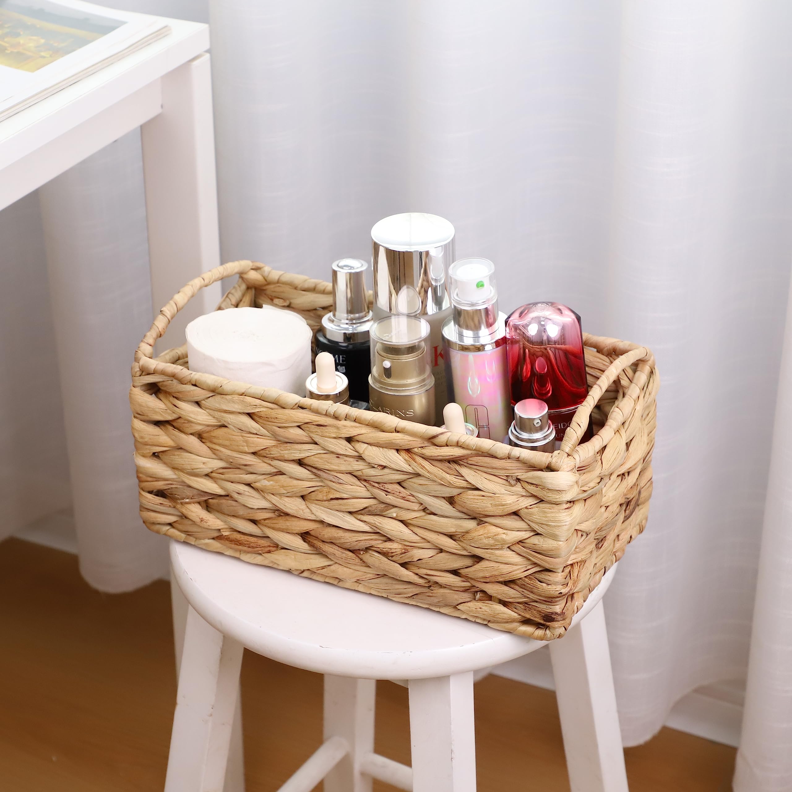 CINWEN Wicker Storage Basket for Organizing Toilet Tank Top Storage Basket -Office Supplies Organization Everyday Bathroom Tray Hand-Woven Water Hyacinth Basket 11.6" x 6.1" x 5.9Inch