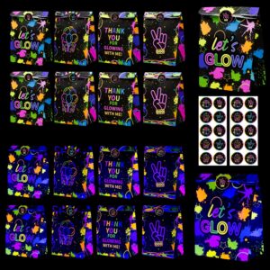 glow neon party gift bags - 20 pcs goodie bags party favor bags with stickers, fluorescent colored paper bags treat bags for birthday party family union, glow in the dark party supplies