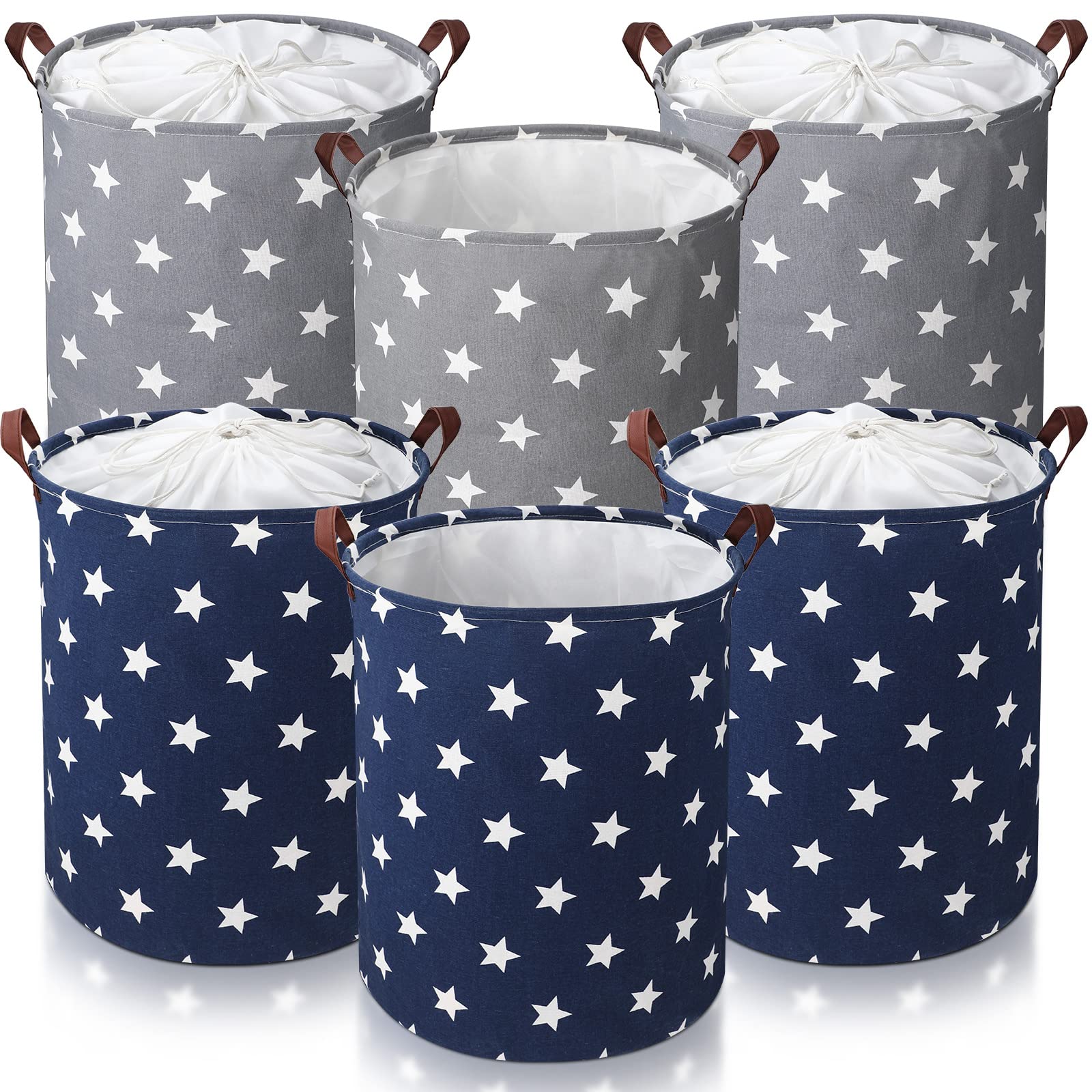 Sunnyray 6-Pack 62L Freestanding Laundry Basket with Lid, Collapsible Dirty Clothes Hamper Waterproof Storage with Handles Large Canvas Nursery Hamper Gift Organizer for Home Drawers Closet (Star)