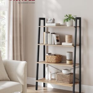 VASAGLE Ladder Shelf, 4-Tier Bookshelf, Storage Rack, Bookcase with Steel Frame, for Living Room, Home Office, Kitchen, Bedroom, Industrial Style, Camel Brown and Black ULLS144B50