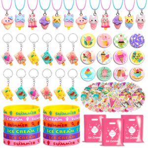 110 pcs ice cream party favors cute ice cream necklace goodie bags with keychains, stickers, rubber bracelets, button pins and bags for summer themed birthday party baby shower