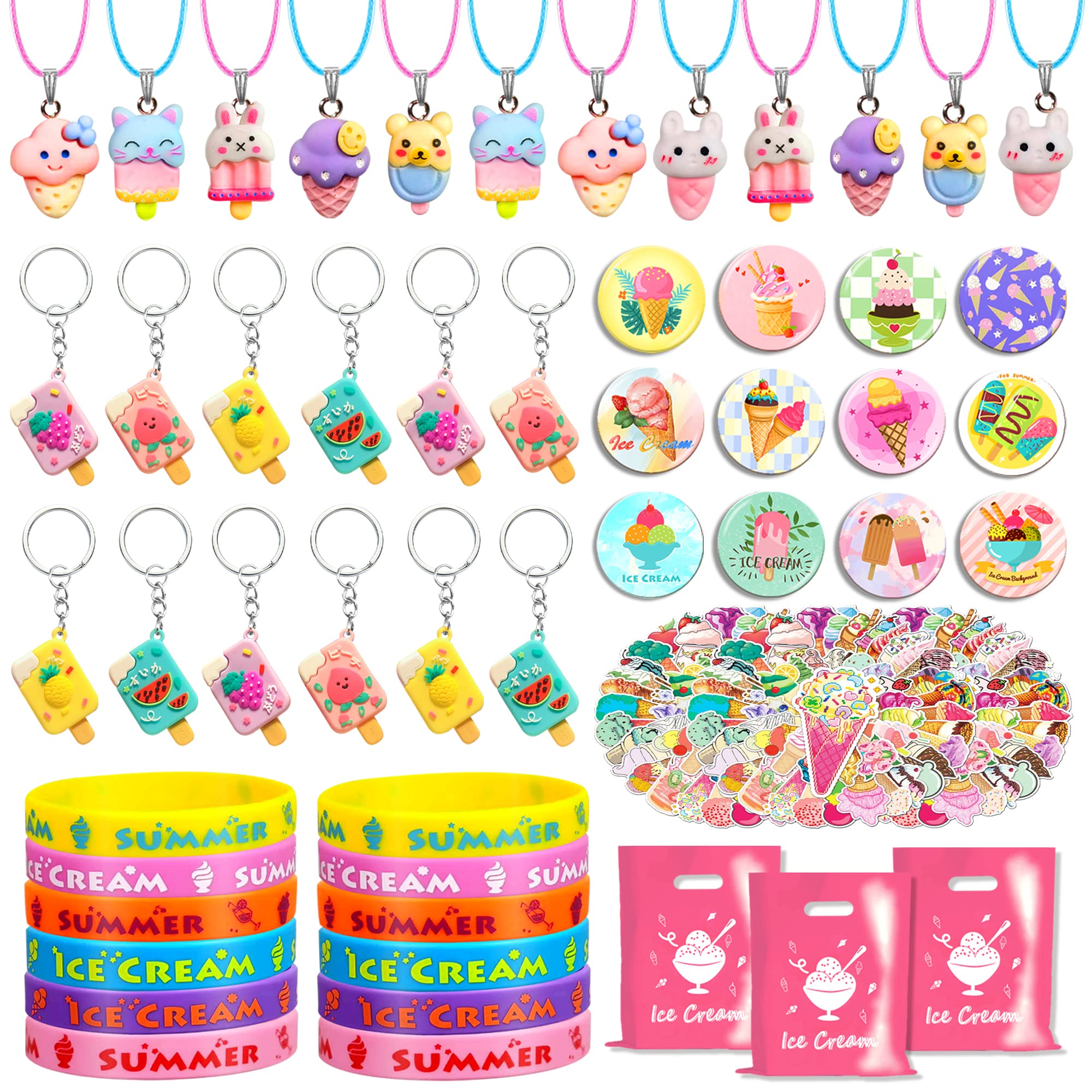 110 PCS Ice Cream Party Favors Cute Ice Cream Necklace Goodie Bags with Keychains, Stickers, Rubber Bracelets, Button Pins and Bags for Summer Themed Birthday Party Baby Shower