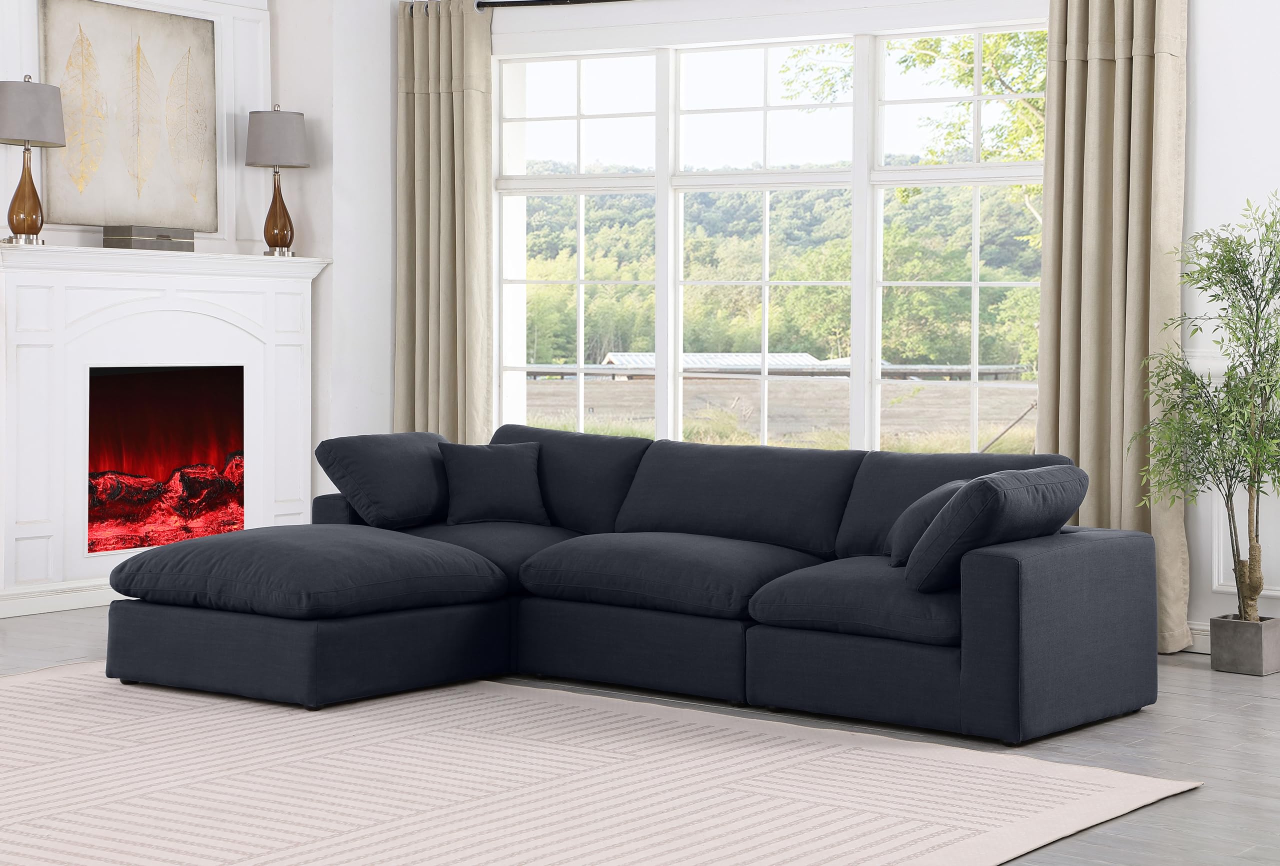 Meridian Furniture 187Black-Sec4A Comfy Collection Modern | Contemporary Upholstered Modular Sectional, Black Linen Textured Fabric Upholstery, Down Feather Cusions, 119" W x 79" D x 34.5" H, Black