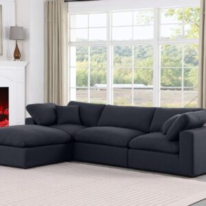 Meridian Furniture 187Black-Sec4A Comfy Collection Modern | Contemporary Upholstered Modular Sectional, Black Linen Textured Fabric Upholstery, Down Feather Cusions, 119" W x 79" D x 34.5" H, Black