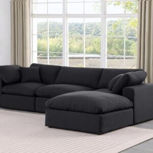 Meridian Furniture 187Black-Sec4A Comfy Collection Modern | Contemporary Upholstered Modular Sectional, Black Linen Textured Fabric Upholstery, Down Feather Cusions, 119" W x 79" D x 34.5" H, Black