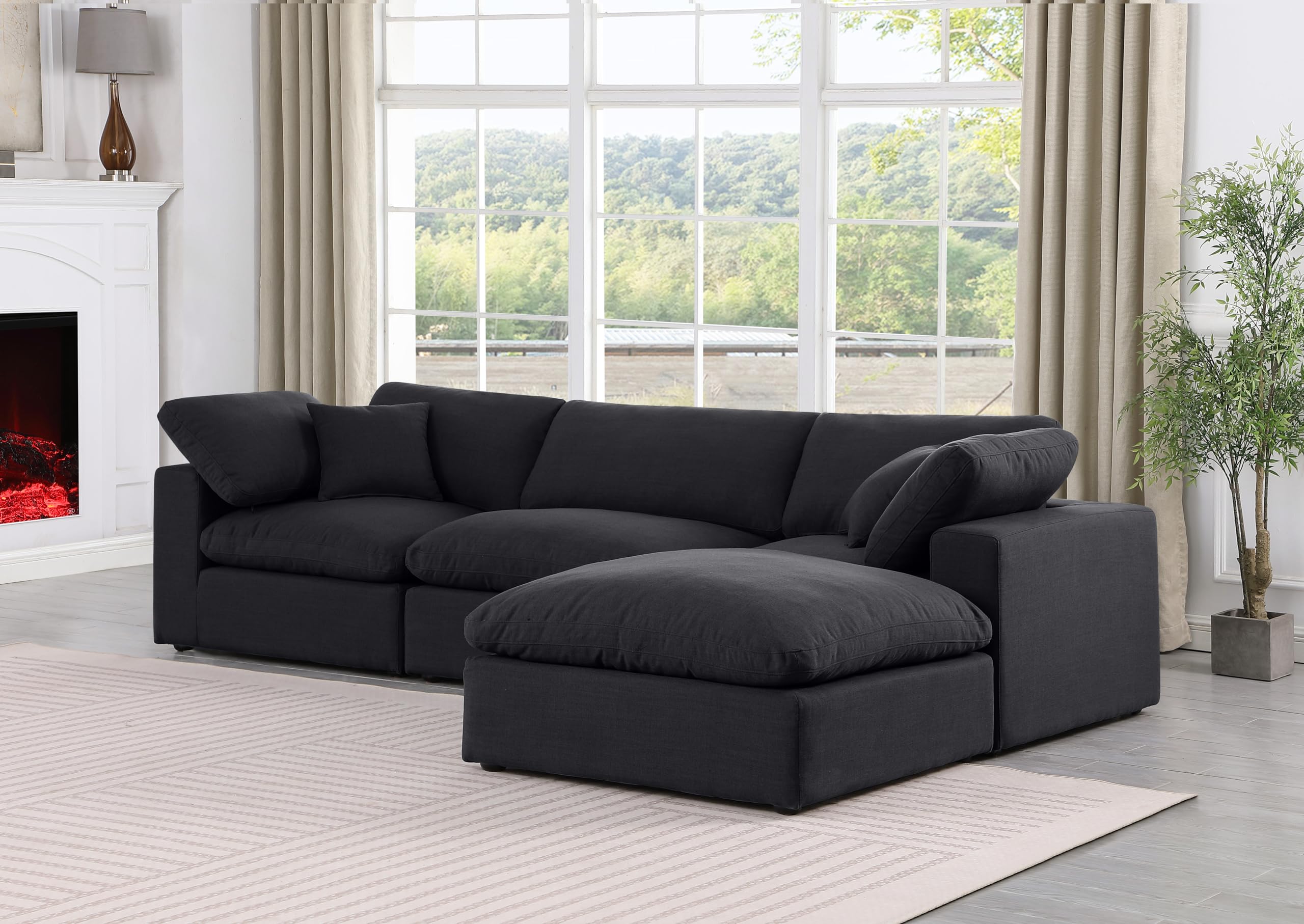 Meridian Furniture 187Black-Sec4A Comfy Collection Modern | Contemporary Upholstered Modular Sectional, Black Linen Textured Fabric Upholstery, Down Feather Cusions, 119" W x 79" D x 34.5" H, Black