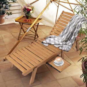 furndoor wood chaise lounge chair recliner - adjustable pool lounge chair with 4 positions backrest, pull-out tray for garden beach patio (natural)