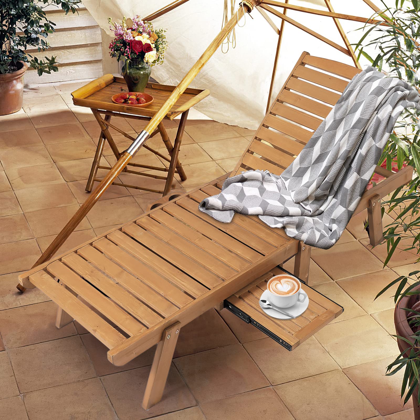 FURNDOOR Wood Chaise Lounge Chair Recliner - Adjustable Pool Lounge Chair with 4 Positions Backrest, Pull-Out Tray for Garden Beach Patio (Natural)