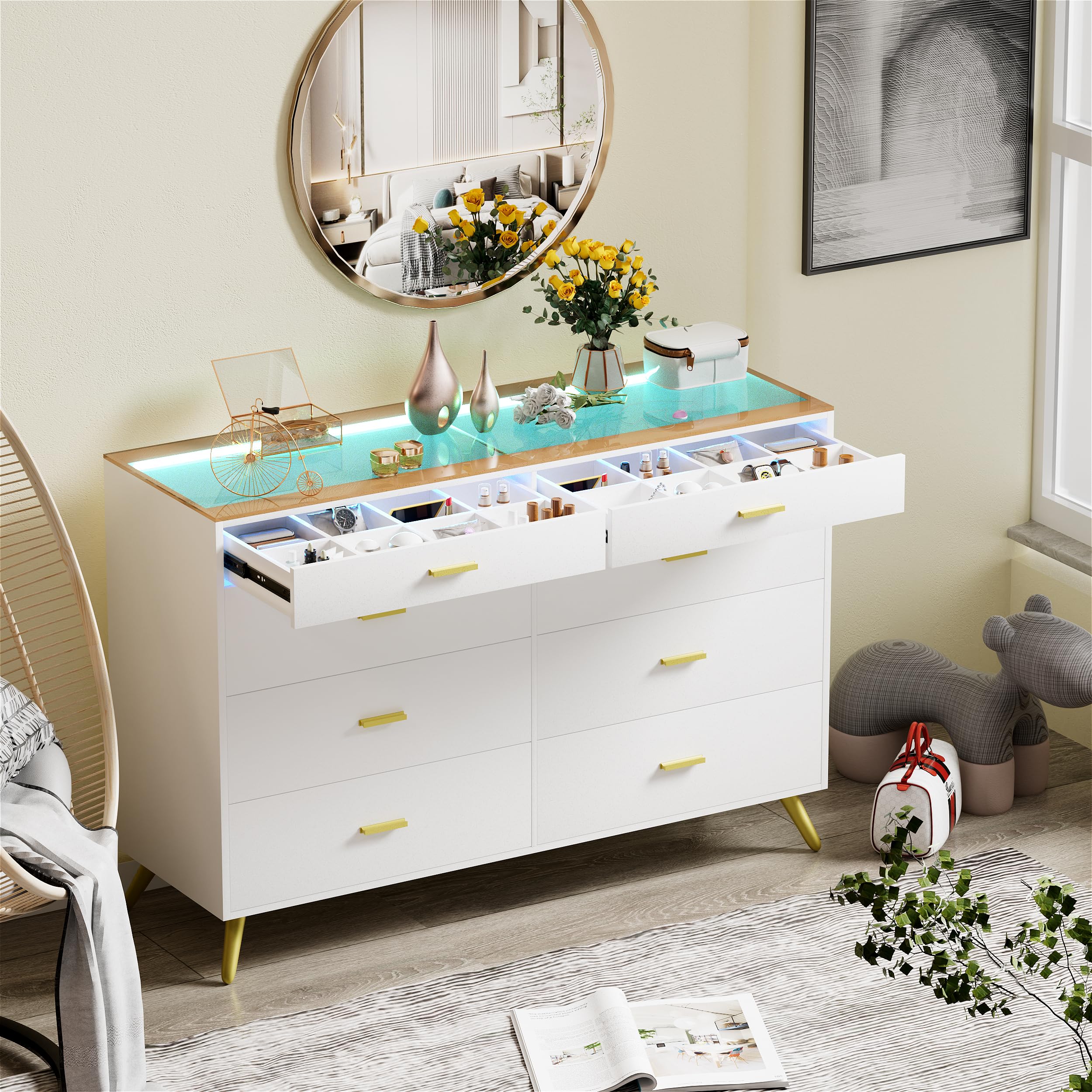 PAKASEPT White Dresser with LED Lights for Bedroom,8 Drawer Dressers with Tempered Glass Top,Chests of Drawers with 2 Grid Drawer,Storage Organizer Dresser for Hallway,Living Room