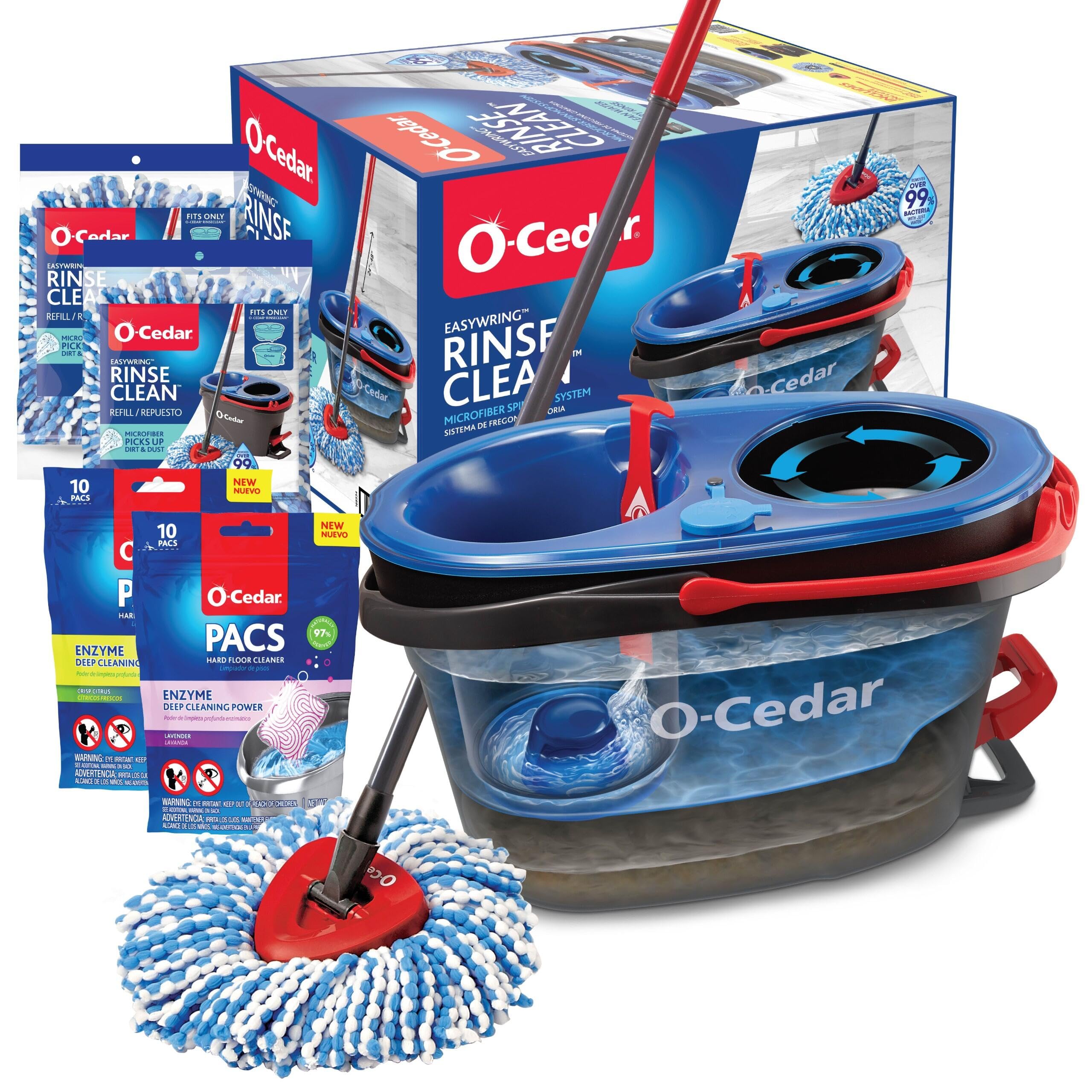 O-Cedar EasyWring RinseClean Microfiber Spin Mop & Bucket Floor Cleaning System with 2 Extra Refills with Citrus and Lavender Pacs (Variety Pack)