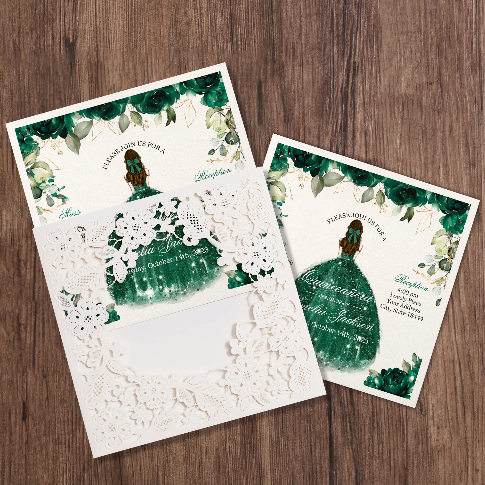 FANEYA 50Pcs Customized Quinceanera Invitation Emerald Green, Elegant 15 years Invitations Sweet 16, Miss XV, Birthday Laser Cut Quince Invitation Cards White Personalized