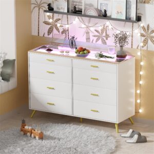 PAKASEPT White Dresser with LED Lights for Bedroom,8 Drawer Dressers with Tempered Glass Top,Chests of Drawers with 2 Grid Drawer,Storage Organizer Dresser for Hallway,Living Room