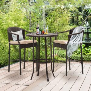 PORWEY 3 Piece Patio Bar Set, Outdoor Rattan Wicker Bar Height Table and Chairs Set, High Top Bistro Set with Pub Table and 2 Cushioned Stools, Outdoor Furniture Set for Backyard Poolside Porch, Beige