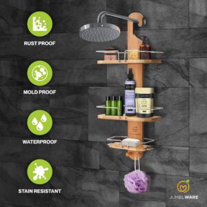 JumblWare Bamboo Shower Caddy. Hanging 3-Tier Bathtub Organizer Rack for Over Shower Head with Toothbrush Holder, Razor Hooks & Shelf with Holes in Bottom for Soap. Spa Gift for Women