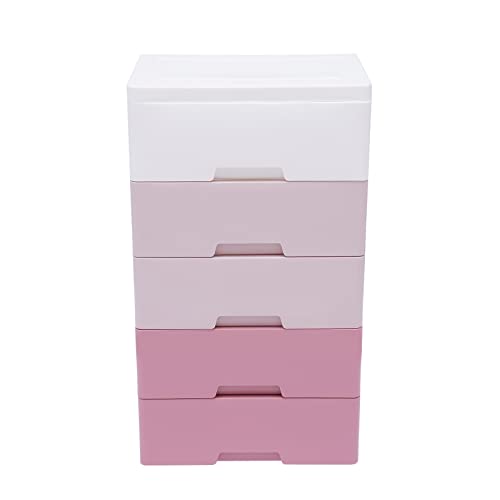 Plastic Drawers Storage Cart Mobile Cabinet with Casters, 5 Drawer Stackable Vertical Clothes Storage Tower Tall Chest Closet, Large Containers Organizer Unit Pink Plastic Drawers,12"Dx18"Wx33"H-Pink