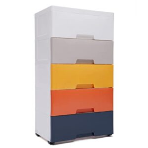 plastic drawers storage cart mobile cabinet with casters, 5 drawer stackable vertical storage tower tall chest closet, large containers organizer unit (12"d x 18"w x 33"h - multicolor2)