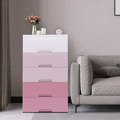 Plastic Drawers Storage Cart Mobile Cabinet with Casters, 5 Drawer Stackable Vertical Clothes Storage Tower Tall Chest Closet, Large Containers Organizer Unit Pink Plastic Drawers,12"Dx18"Wx33"H-Pink