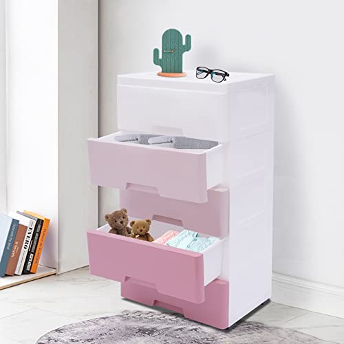 Plastic Drawers Storage Cart Mobile Cabinet with Casters, 5 Drawer Stackable Vertical Clothes Storage Tower Tall Chest Closet, Large Containers Organizer Unit Pink Plastic Drawers,12"Dx18"Wx33"H-Pink