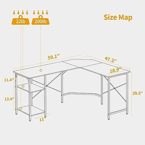 CubiCubi L Shaped Desk, 59.1 Inch Reversible Corner Desk with Storage Shelves, Home Office Desk for Writing Gaming Study, Rustic Brown