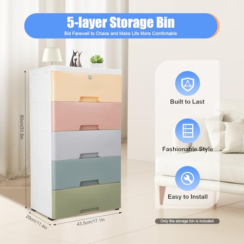 Plastic Drawers Storage Cart Mobile Cabinet with Casters, 5 Drawer Stackable Vertical Storage Tower Tall Chest Closet, Large Containers Organizer Unit (12"D x 18"W x 33"H - Multicolor1)