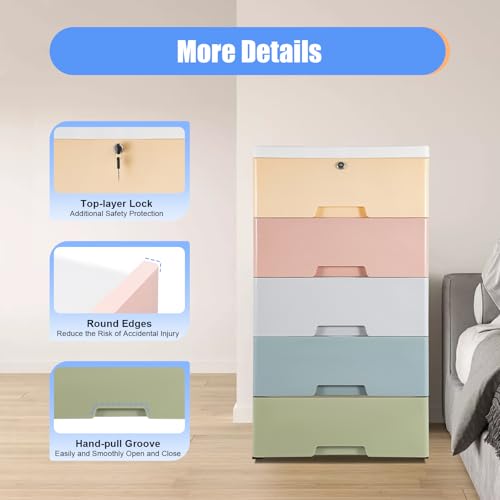 Plastic Drawers Storage Cart Mobile Cabinet with Casters, 5 Drawer Stackable Vertical Storage Tower Tall Chest Closet, Large Containers Organizer Unit (12"D x 18"W x 33"H - Multicolor1)