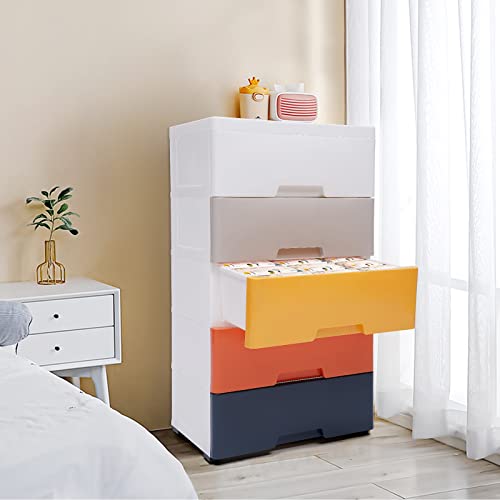 Plastic Drawers Storage Cart Mobile Cabinet with Casters, 5 Drawer Stackable Vertical Storage Tower Tall Chest Closet, Large Containers Organizer Unit (12"D x 18"W x 33"H - Multicolor2)